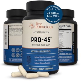 Live Conscious PRO45 Probiotics for Women & Men: Comprehensive Formula, 45 Billion CFU, 11 Strains, Dairy Free - w/Prebiotics and Probiotics - Promote