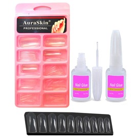 AuraSkin Gorgeous 100pcs Reuseable Acrylic Transparent Artificial Nail Tips Best False Nails with 10ml Strong Nail Glue Transparent (Pack of 100)