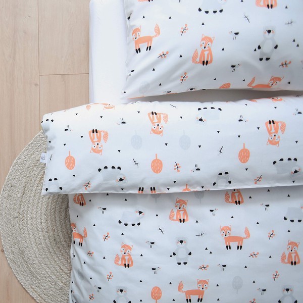 Kids Duvet Cover Set, 100% Organic Cotton, 120 x 150 cm + 40 x 60 cm - fox bear animal print littlefeifei