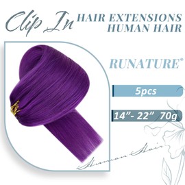 RUNATURE Clip-In Extensions Straight Purple 40 cm 70 g Remy Clip Real Hair Extensions Natural Colourful Hair Clip in 16 Inches