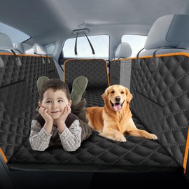 Back Seat Extender for Dogs-Large Space, Dog Car Seat Cover Hard Bottom Holds 420lbs, Waterproof Dog Carseat, Car Hammock for Dogs-Storage Pocket, Pet Seat Cover for Cars/SUV/Truck,Black/Orange