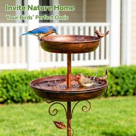 Bird Bath for Outside, 48in Double-Layer Metal Bowl Birdbaths for Outdoors, 13" Large Dia Removable Antique Bronze Bird Baths Water Bowl with Stable Stand for Garden Yard Patio Decor (Red Brown)