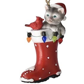 Grey Cat and Cardinal with Santa Hat in Red Boot Hanging Christmas Tree Ornament