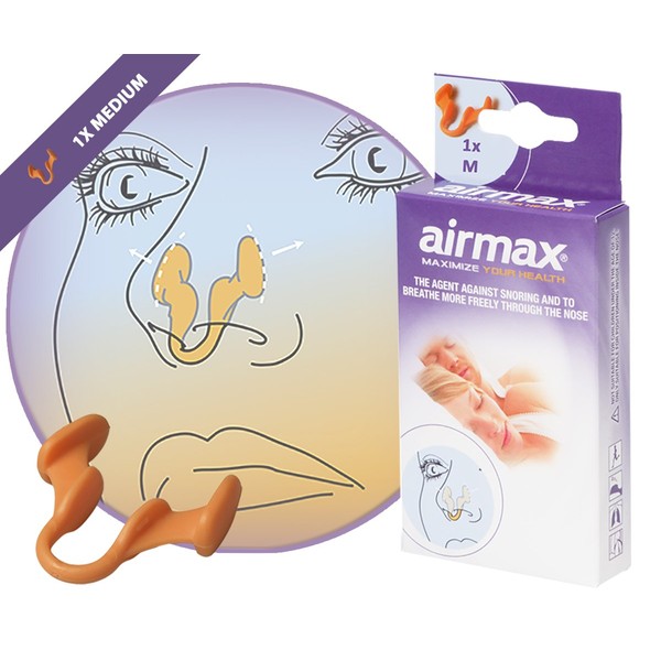 Airmax nasal dilator | 76% more air | Breathing aid through the nose | 1 Pack - size medium orange | anti snore device | More oxygen | Snoring aids for men and women | sleep better and wake up rested | nasal congestion | Free storage case included