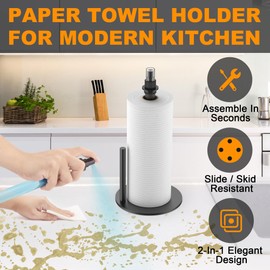 Paper Towel Holder with Spray Bottle, Countertop Paper Towels Dispenser Stand with Sprayer Inside Center, Stainless Steel Paper Towel Holder Stand with Base for Kitchen, Bars, Dining Tables - Silver