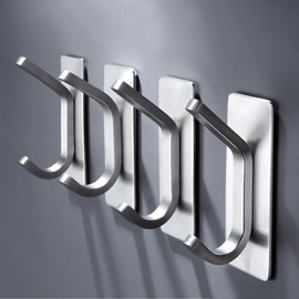 DELITON Adhesive Towel Hooks for Bathroom - 4 Pack Heavy Duty Stick on Wall Hooks, Waterproof Robe/Coat Hangers for Kitchen, Shower (Silver, Stainless Steel)