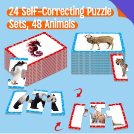 48 Animal Matching Puzzles with Error-Correction, 3-Piece Self-Correcting Puzzle Matching Game Educational Learning Activities for Toddlers, Animal-Themed Learning Games Toys for 3 Years Old