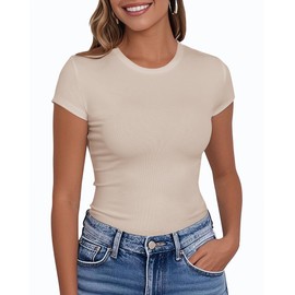 PALINDA Women's Fitted T Shirts Crew Neck Short Sleeve Tees Basic Casual Stretchy Tshirt Tops (Beige S)
