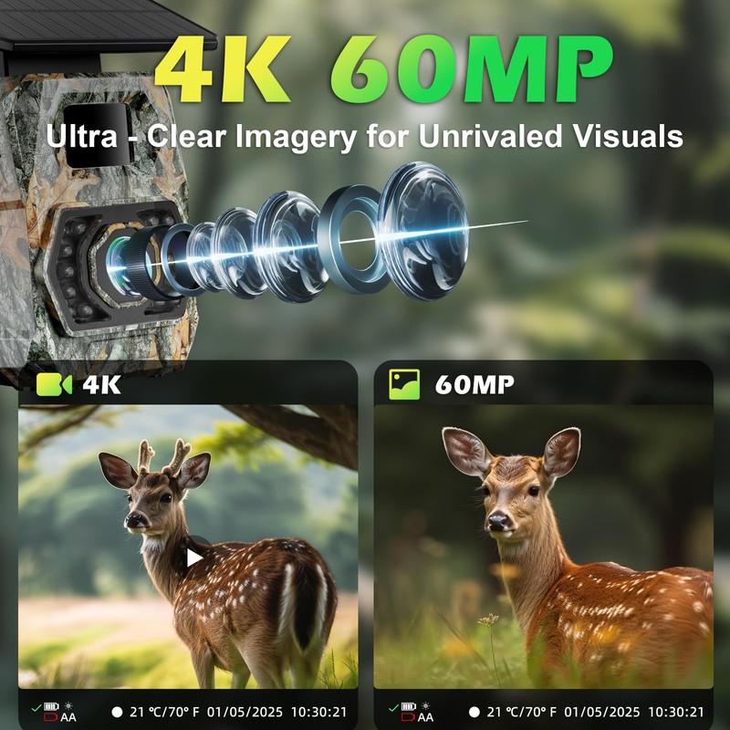 Solar Trail Camera 60MP 4K, WiFi Bluetooth, Game Camera with