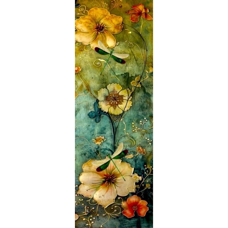 Original Bookmark green and ivory dragonflies over garden flowers gift