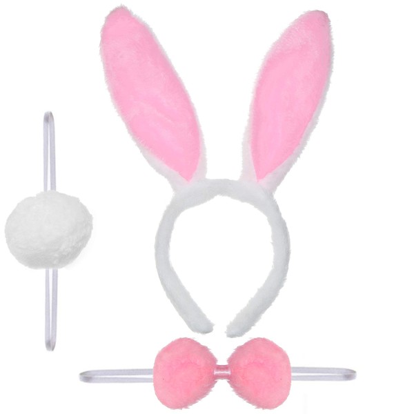 Skeleteen Bunny Rabbit Costume Set - White and Pink Ears, Bow Tie and Tail Accessories Kit for Kids of All Ages