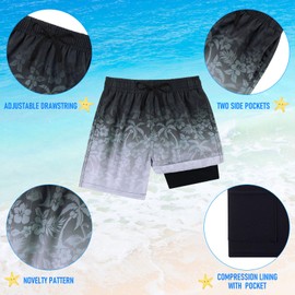 Cozople Boys Compression Liner Bathing Suits Quick Dry Anti Chafe Swim Trunks Teen Boys Black Palm Tree Swimming Shorts Novelty Hawaii Beach Boardshorts
