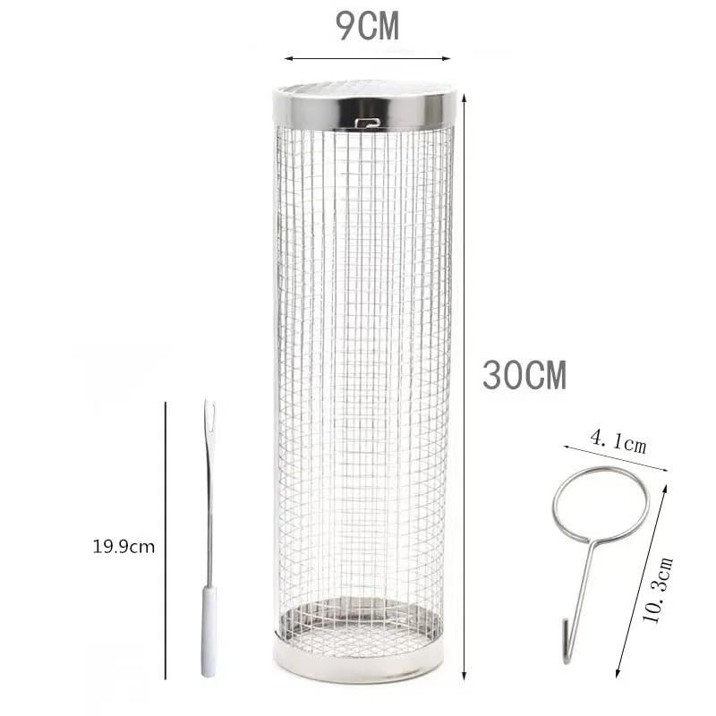 Stainless Steel Cylindrical BBQ Basket Reusable Round Grill Net, Perfect