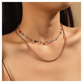 Inilbran Boho Layered Rainbow Crystal Choker Necklace Colorful Rhinestone Necklace Chain Vintage CZ Choker Necklace Punk Gold Twist Rope Chain Necklace Jewelry for Women and Girls