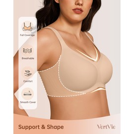 Vertvie Bras for Women No Underwire Wireless Support Bra Underarm-Smoothing Seamless Push Up Full Coverage T-Shirt Sports Bra(Nude,Small Plus)