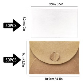 50 Sheets Mini Kraft Paper Envelopes with Cards, Small Blank Paper Cards White and Envelopes with Heart Clasp for Thank You Cards, Invitation, Gift Birthday Cards (B)