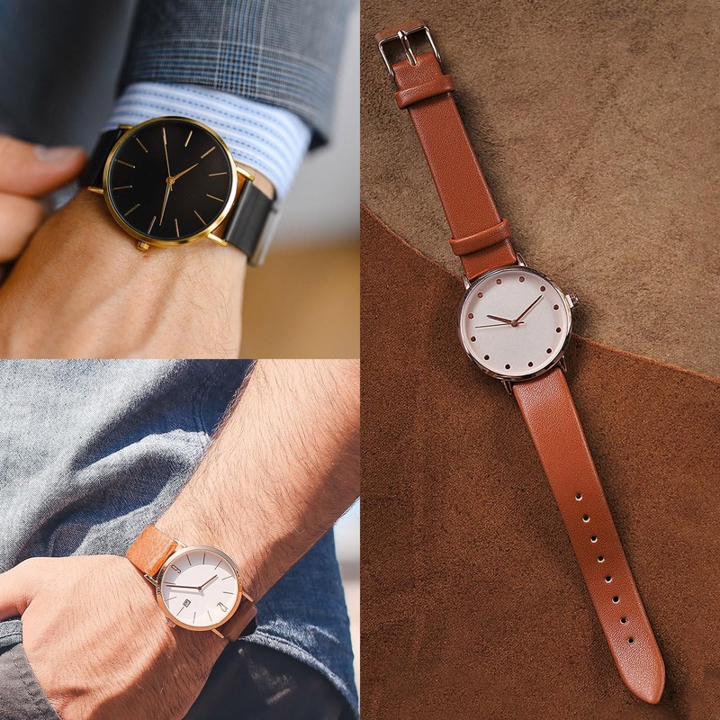 sourcing map Black Genuine Leather Band 12mm Width, Flat Thin