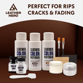 Brown Leather Repair Kit for Couch, Car Seats, and Furniture – 11-Piece Vinyl and Faux Leather Repair Set for Cracks, Peeling, Scratches, and Scuffs – Includes Color Restorer and Tools