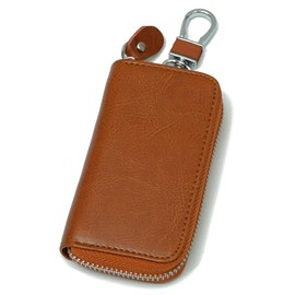 NM.element Smart Key Case, Multi-functional, Card Slot, Genuine Leather, 6 Tiers Zipper, Includes Cosmetic Box, Camel
