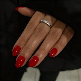 Red Press on Nails Short Oval Acrylic, Solid Color Medium Almond Fake Nails for Women, Reusable Thick Round Glue on, Soft Gel False Nails 24Pcs