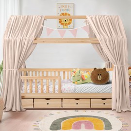 iLuane House Bed Canopy Decoration - 3 Pieces Bed Canopy House Bed Set, 100% Cotton Muslin Curtain - House Bed Decoration for Girls and Boys - Fabric Canopy House Bed for 90 x 200 cm and 120 x 200 cm