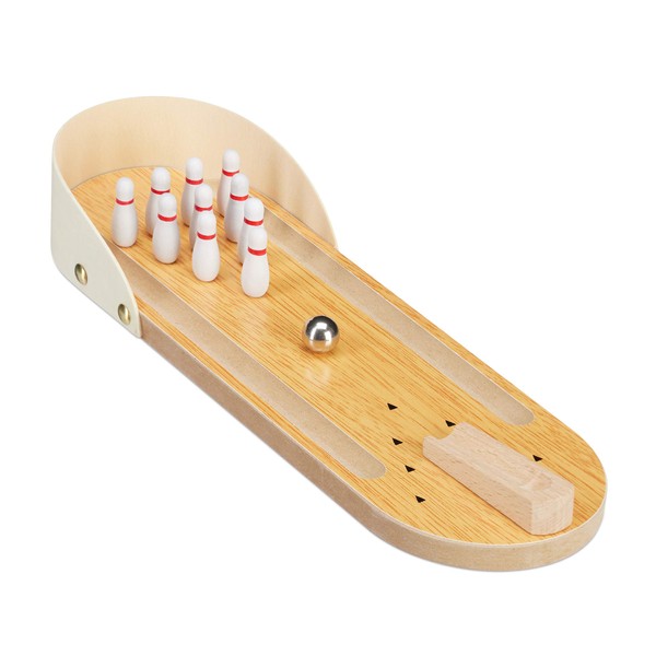 Relaxdays 10024377 Table Bowling, Toy Track, Set of 10 Skittles, Precision, Adults, Children from 3 Years, Natural Wood, Colour, 4.5 x 10 x 29.5 cm