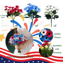 GYWJJ 6 Bundles Red White and Blue Flowers, Artificial Daisy Flowers for Outdoor Memorial Day Flower for Cemetery Grave Independence Day Home Kitchen Party Decoration (11.42")