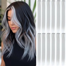 12 Pcs Sliver Grey hair extensions 22 Inch Straight colored hair colorful clip in extensions Highlight Party for Kids Girls and Women Gift(Sliver Grey,08)