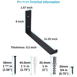 Shelf Brackets 6 Pack Heavy Duty Floating 12.0" L x 6.0" H x 1.5" W (Fits: 11.25" Board ) Black Metal Shelves Wall Mounted Rustic Iron J Shelf Brackets with Lip for DIY Open Shelving Brackets