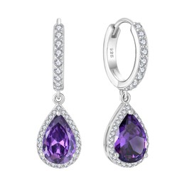 Starchenie 925 Sterling Silver Teardrop Hoop Earrings Amethyst Birthstone Cubic Zirconia Hypoallergenic Dangle Earring Jewellery Gifts for Women