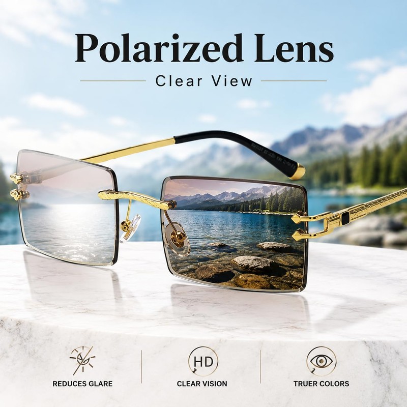 AOOLIA Rectangle Gradient Rimless Sunglasses Women Men Transparent Tinted Metal