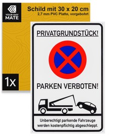 Prohibition Sign "Privatgrundstück Parken Parken verboten", 1 Piece, 30 x 20 cm, 2.7 mm Thick PVC Sign with Drill Holes, Parking Barrier for Indoor and Outdoor Use, No Parking Signs Private Parking