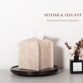 Tissue Box Cover PU Leather Square Tissue Holder Facial Paper Organizer Dispenser for Bathroom Vanity Countertop, Dresser, Tabletop, Office, Car, Creamy-White