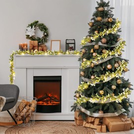 Ganeen 2 Pcs 5.9FT Prelit Olive Christmas Garland with 10 LED 10 Snowflake Lights Holly Berries Snowy Battery Operated Garland with Timer 8 Modes Remote for Christmas Decor (White Berries,Unflocked)