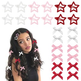 Cute Hair Clips Set - 24 Pcs: 12 Stars and 12 Satin Bow Hair Clips, Colorful Kawaii Y2K Hair Accessories for Girls Women- Perfect for Fans of Star Hair Clips