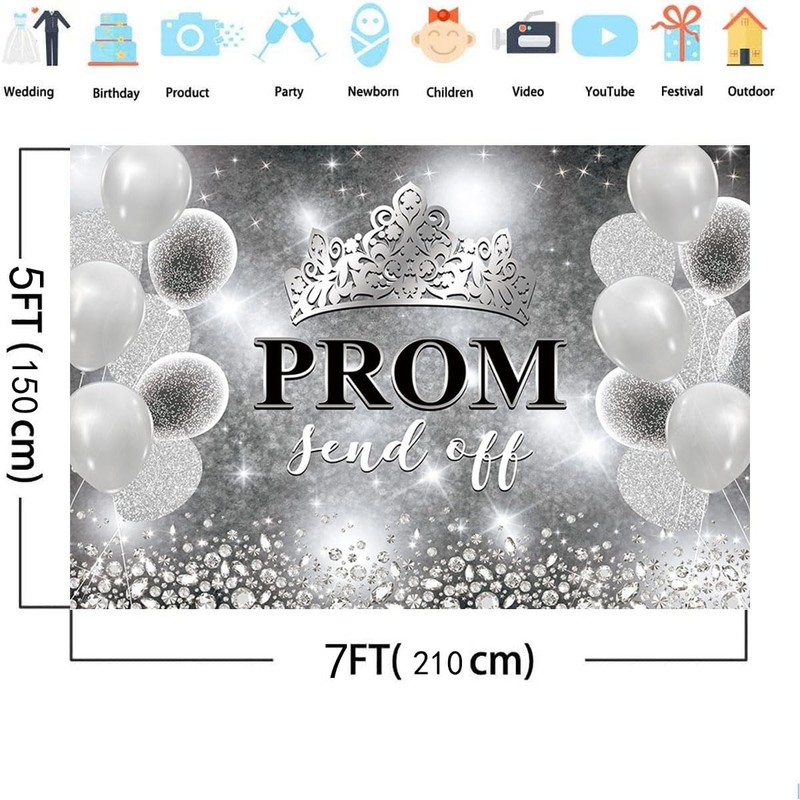 MEHOFOND 7x5ft Prom 2026 Backdrop Black and Silver Crown Send