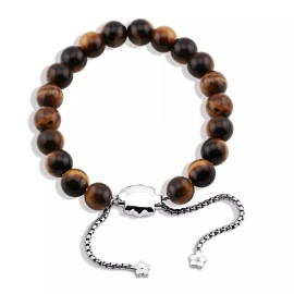 CHC Fine Jewelry Women's 8mm Natural Tiger's Eye Bead Bracelet Adjustable size Sterling 925