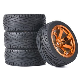 RC Car Tyres and Wheels Set, KINGCOO 4 Pieces 65 mm Rubber Tyres and Plastic Wheels 6 Spoke Rims 12 mm Hex for 1/10 RC On-Road Touring Racing Car for HSP HPI Kyosho Tamiya (Orange)