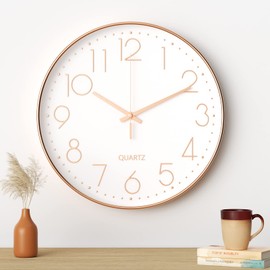 Uootach Wall Clock 30cm Silent Quartz Movement Modern Minimalist Design Black Silent Wall Clock for Living Room Kitchen Office Bedroom (Rose Gold)