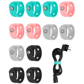 ELFRhino Silicone Cable Ties(12Pcs), Reusable Cord Organizer, Adjustable Cable Straps with Metel Buckle for Easy Bundling and Fastening Cables, Cords, Wires.(Black/Pink/Blue/Grey*3)
