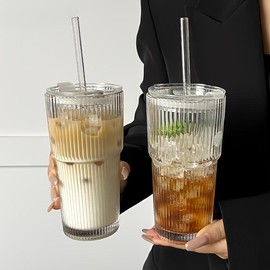 Large Capacity Striped Tumbler with Lid, Multi-Purpose, Hand Wash Only, Reusable Tumbler - Suitable for Cold Drinks, Juice, Coffee - Ideal for Home, Office, Celebrations, Drinkware:_Clear_600ML+400ML
