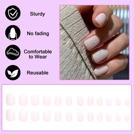 Ceboic 24Pcs French False Nails, Short Square Press on Nails Solid Color Fake Nails, White Glitter Stick on Nails in 12 Sizes, Artificial Full Cover Reusable Glue on Nails for Women Girls DIY Nail Art