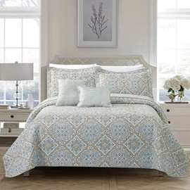 Home Soft Things 5 Piece Diego Printed Microfiber Quilts Bedding Set Oversize King 122 in x 106 in, Blue Grey Brown Geometric Soft Lightweight All Season Bedspread Set, Matching Shams Pillows