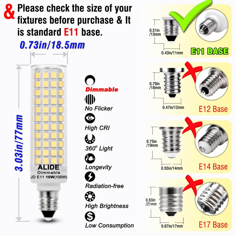 E11 Led Bulbs 120V 100W Halogen Candelabra Bulbs Equiva Dimmable,T3