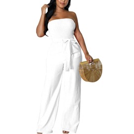 FairyLove Women's Strapless Tube Top Rompers Casual Off Shoulder Solid Color Belted Wide Leg Jumpsuit with Pockets White