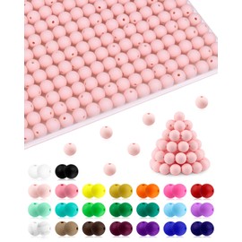FIVEIZERO - 180 abalorio pequeñas de silicona, abalorio focales de silicona de 9 mm, abalorio redondas de goma, abalorio de silicona de color rosa claro, a granel para bricolaje y llaveros, accesorios