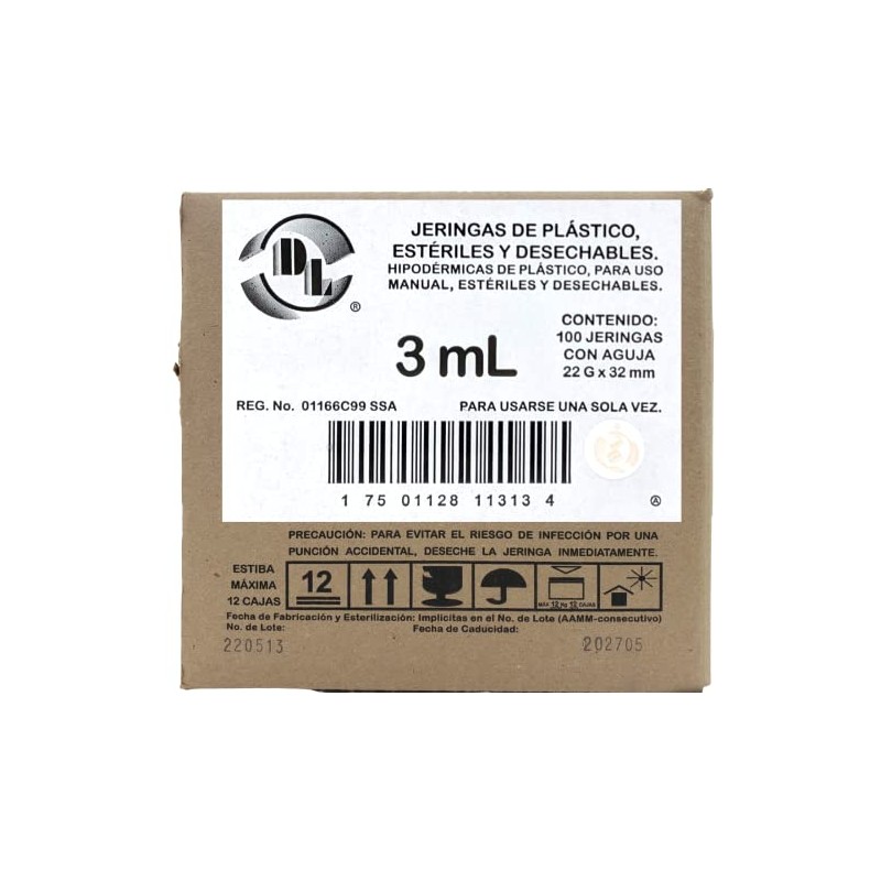 DL Caja De 100 Jeringas 3 mL Con Aguja 22