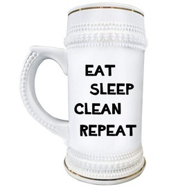 Art by Chelsydale Gifts Idea for Janitor Janitress - Eat Sleep Clean Repeat Beer Stein Mug 22oz Ceramic Novelty Drinkware - School Building Cleaner Maintenance Janitorial Funny Cute Gag