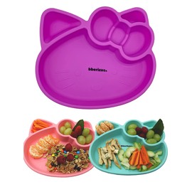 Bberizos| Plato para Bebé Antideslizante con Divisiones para Alimentación Complementaria Plato de Silicona Grados Alimenticio para Niños Infantil | Diseño Gatita (Lila)