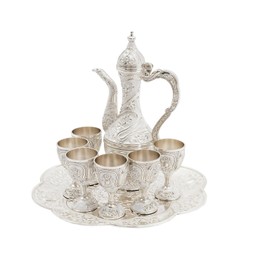 Complete Tea Set with 1 Teapot, 6 Tea Cups & 1 Tea Tray Vintage Teapot (7.4 oz) Teapot and Cups Set with Exquisite Relief Patterns for Serving Tea, Coffee, Wine (Silver, White)